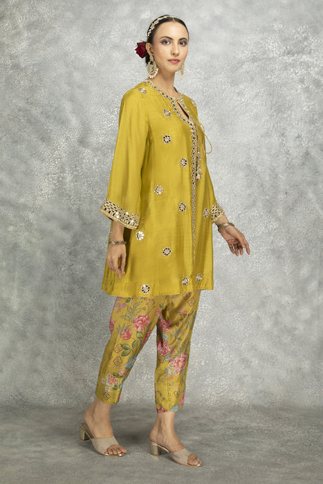 Mustard Green Mirror Embroidered  Angrakha with Printed Pants & Dupatta Set of 3