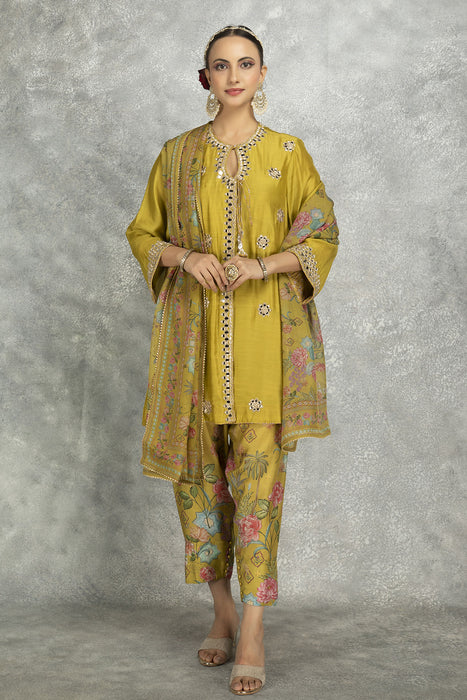 Mustard Green Mirror Embroidered  Angrakha with Printed Pants & Dupatta Set of 3