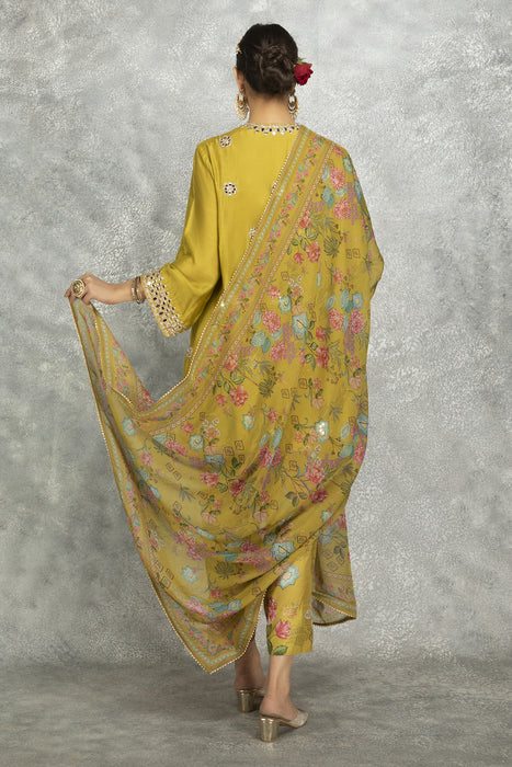 Mustard Green Mirror Embroidered  Angrakha with Printed Pants & Dupatta Set of 3