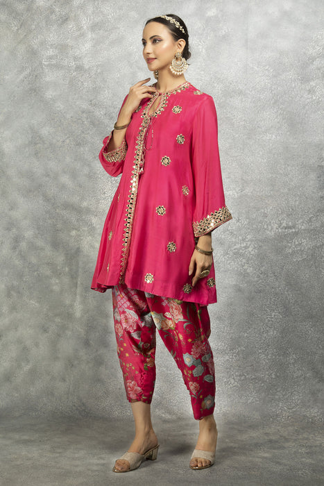 Hot Pink Mirror Embroidered  Angrakha with Printed Pants & Dupatta Set of 3