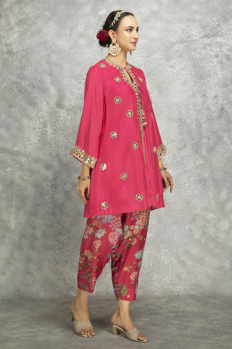 Hot Pink Mirror Embroidered  Angrakha with Printed Pants & Dupatta Set of 3