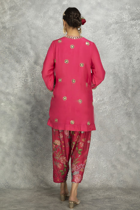 Hot Pink Mirror Embroidered  Angrakha with Printed Pants & Dupatta Set of 3