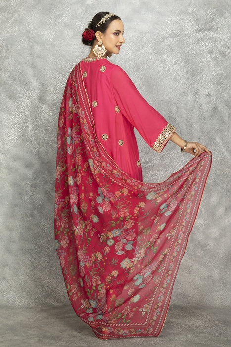 Hot Pink Mirror Embroidered  Angrakha with Printed Pants & Dupatta Set of 3