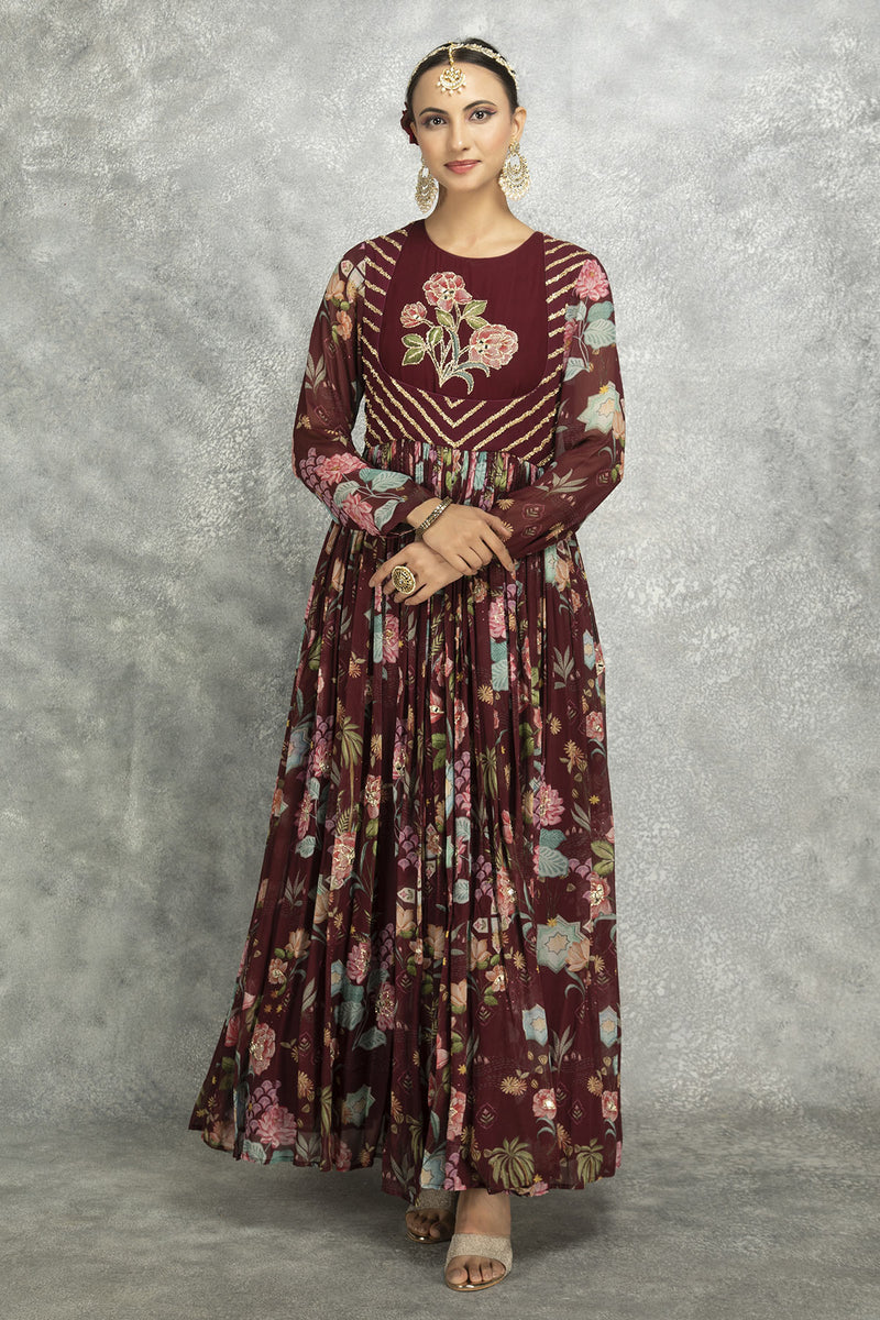 Old Wine Mirror Work Anarkali with Scalloping Dupatta Set of 3