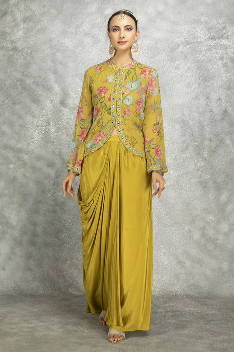 Mustard Green Embroidered Printed Jacket With Drape Skirt