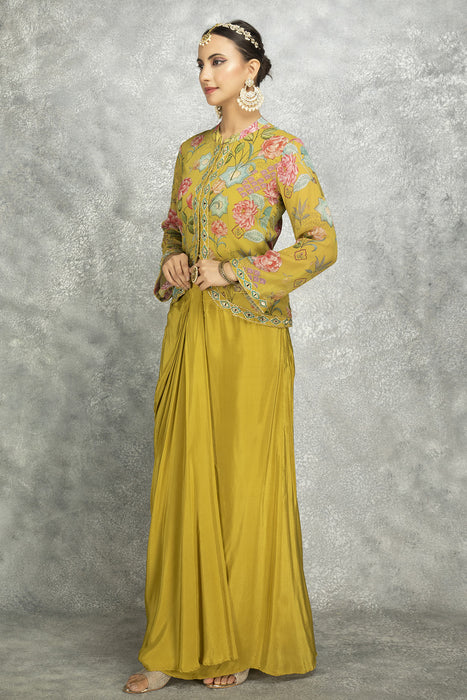 Mustard Green Embroidered Printed Jacket With Drape Skirt