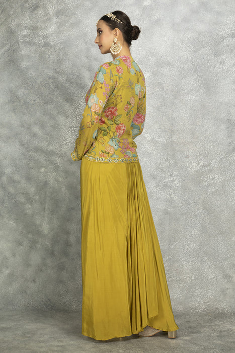 Mustard Green Embroidered Printed Jacket With Drape Skirt