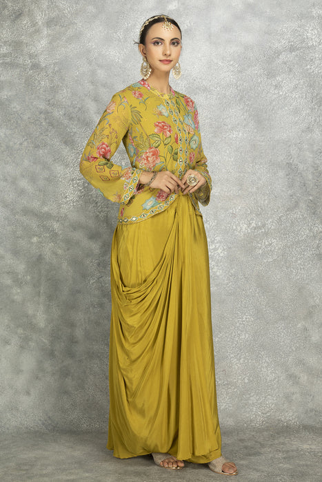 Mustard Green Embroidered Printed Jacket With Drape Skirt