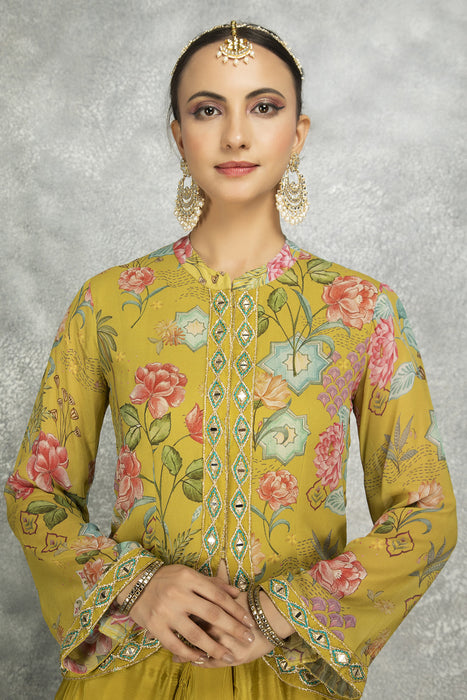 Mustard Green Embroidered Printed Jacket With Drape Skirt