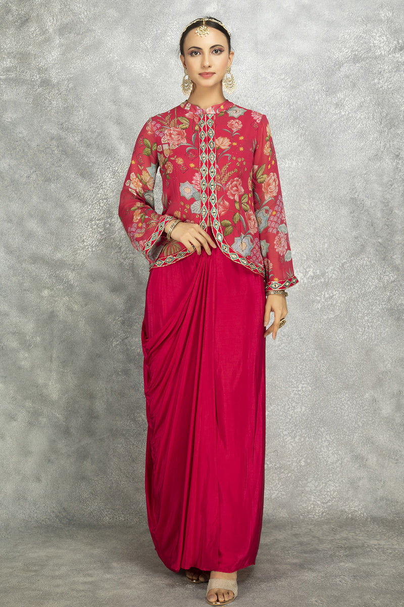 Hot Pink Embroidered Printed Jacket With Drape Skirt