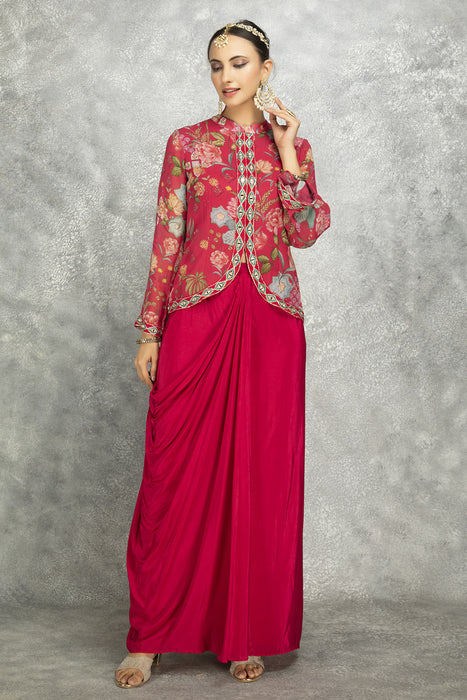 Hot Pink Embroidered Printed Jacket With Drape Skirt