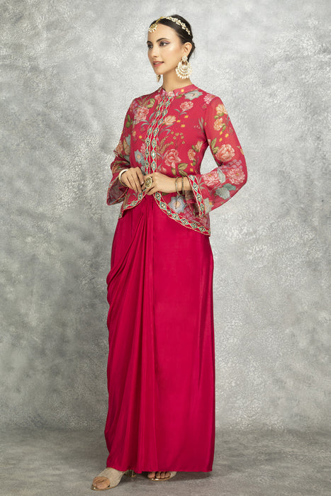 Hot Pink Embroidered Printed Jacket With Drape Skirt