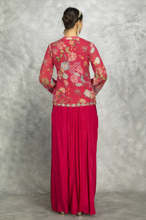 Hot Pink Embroidered Printed Jacket With Drape Skirt