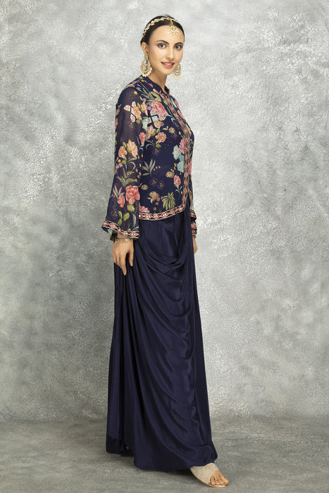 Blue Embroidered Printed Jacket With Drape Skirt