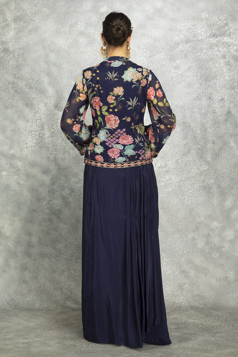 Blue Embroidered Printed Jacket With Drape Skirt