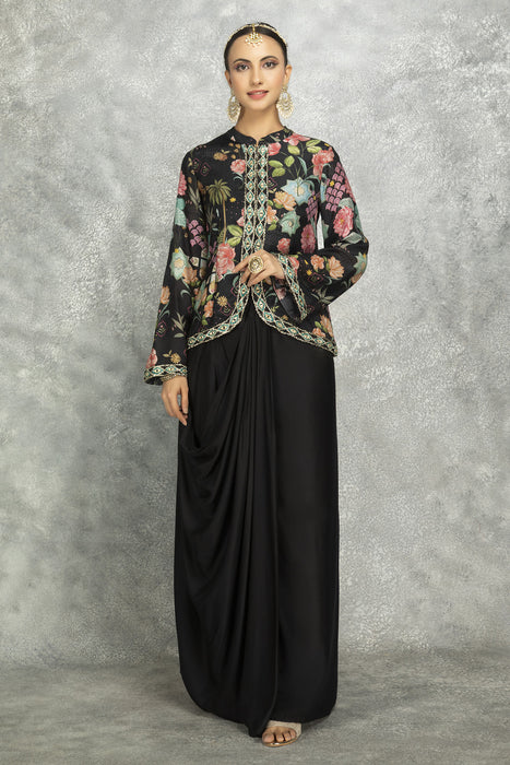 Black Embroidered Printed Jacket With Drape Skirt