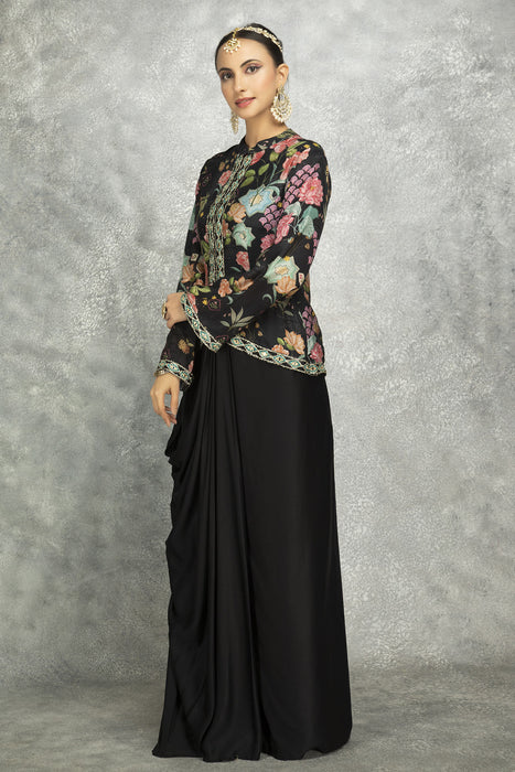 Black Embroidered Printed Jacket With Drape Skirt