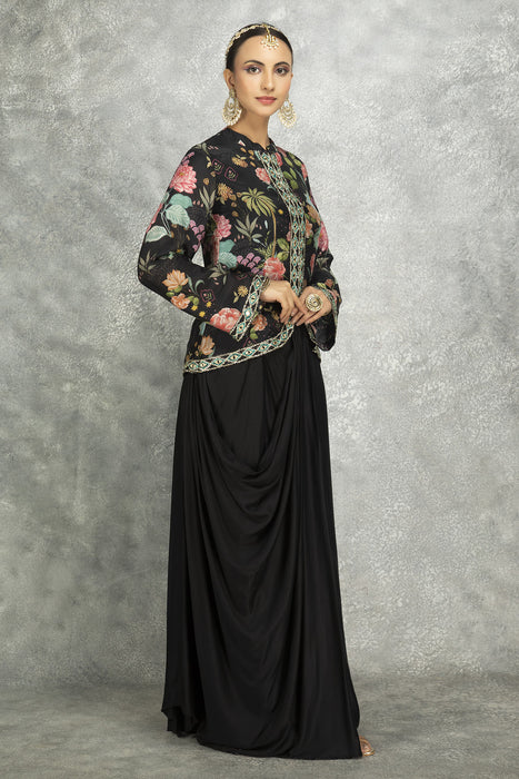 Black Embroidered Printed Jacket With Drape Skirt