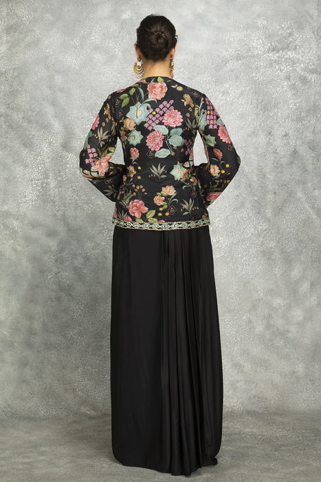 Black Embroidered Printed Jacket With Drape Skirt