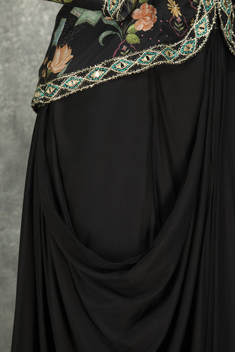 Black Embroidered Printed Jacket With Drape Skirt