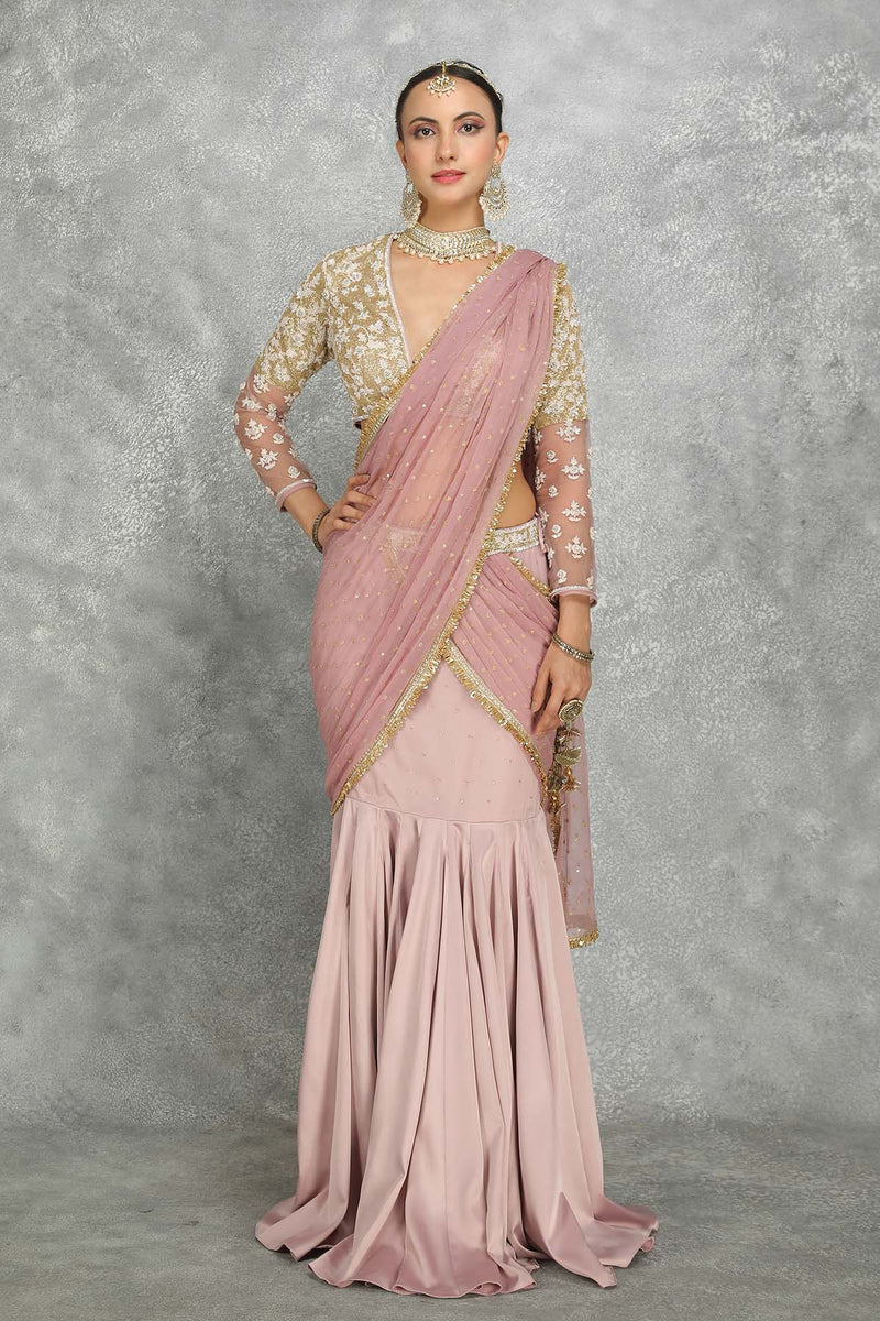 Purple Fish-Cut Style Drape Saree Set