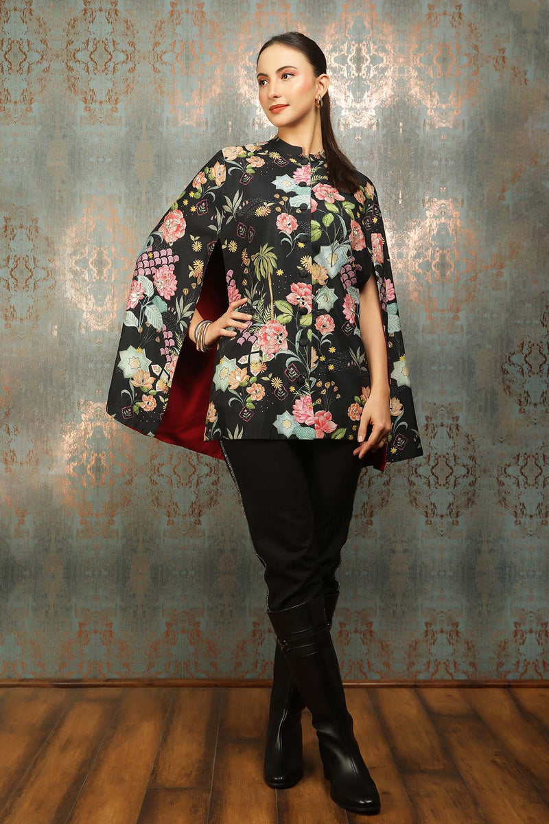 Black Printed Mirror Work Cape