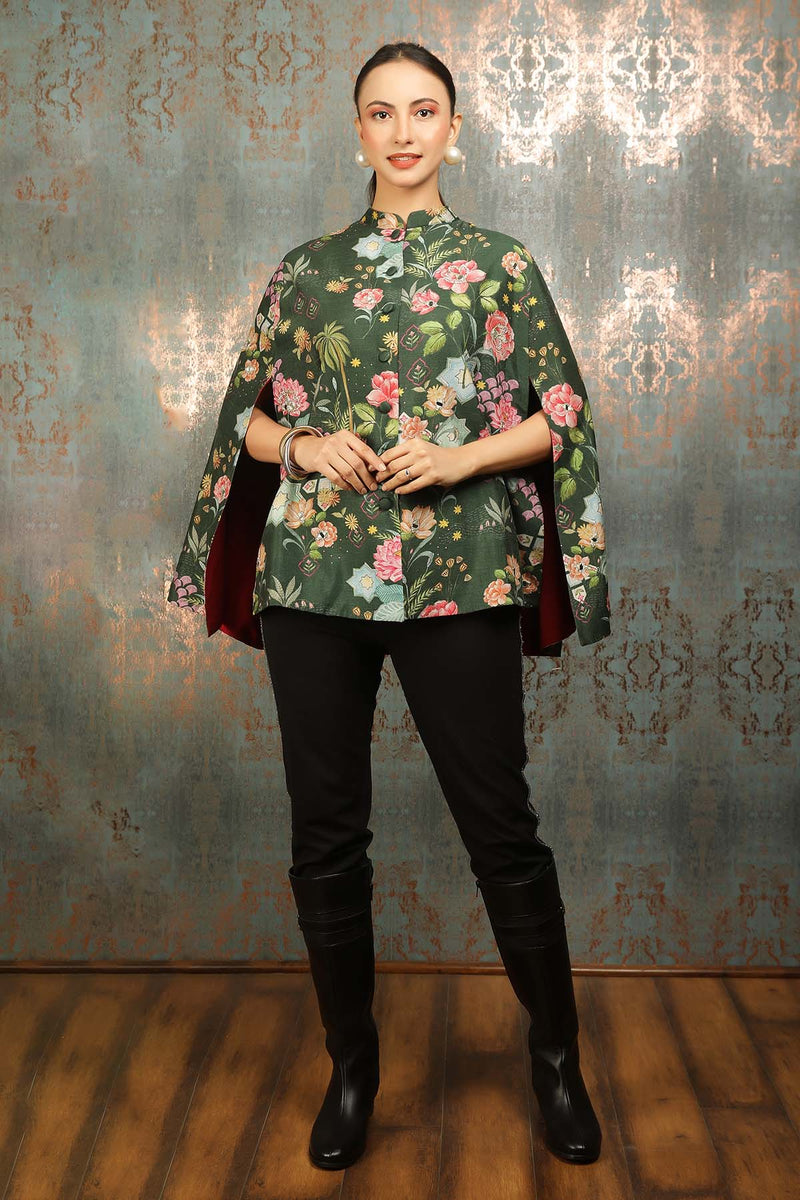 Green Printed Mirror Work Cape