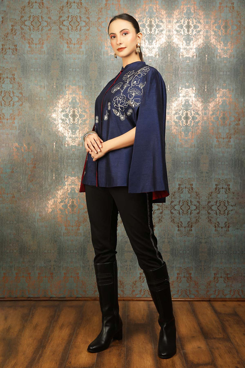 Blue Silk Floral Embroidered Cape