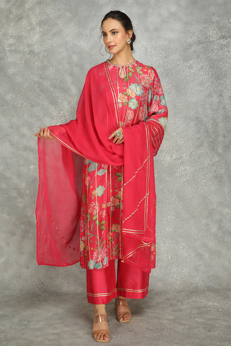 Hot Pink Printed Kurta with Pants and Dupatta Set of 3