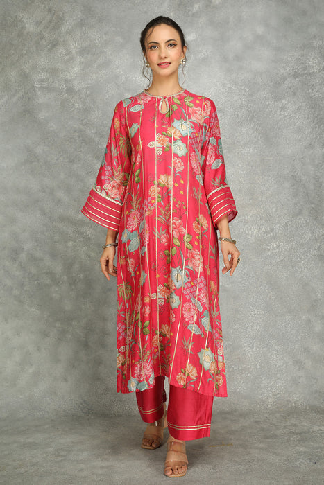 Hot Pink Printed Kurta with Pants and Dupatta Set of 3