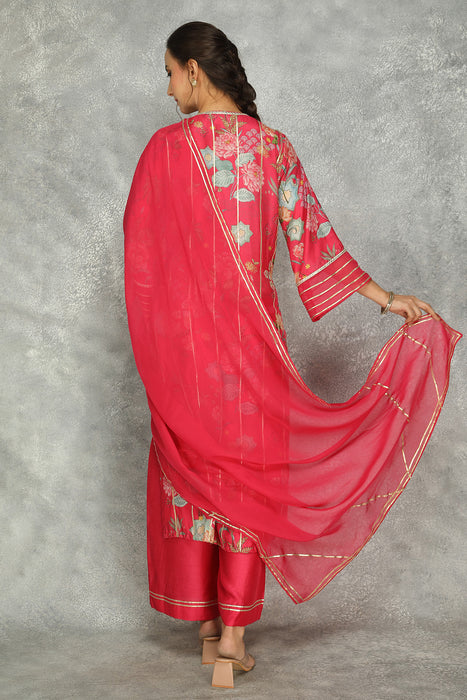 Hot Pink Printed Kurta with Pants and Dupatta Set of 3