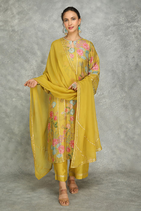 Mustard Green Printed Kurta with Pants and Dupatta Set of 3