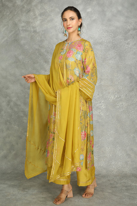 Mustard Green Printed Kurta with Pants and Dupatta Set of 3