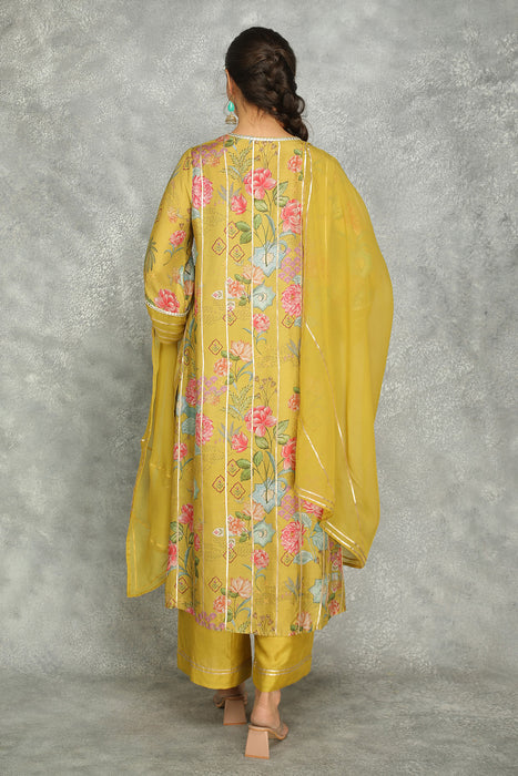 Mustard Green Printed Kurta with Pants and Dupatta Set of 3