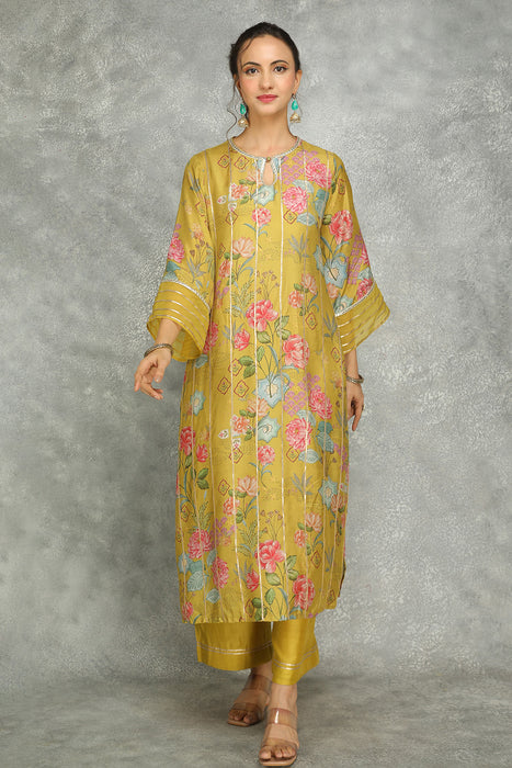 Mustard Green Printed Kurta with Pants and Dupatta Set of 3