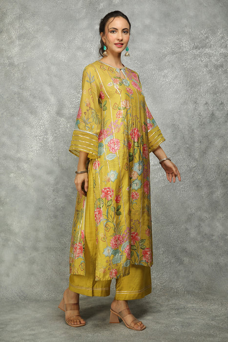 Mustard Green Printed Kurta with Pants and Dupatta Set of 3