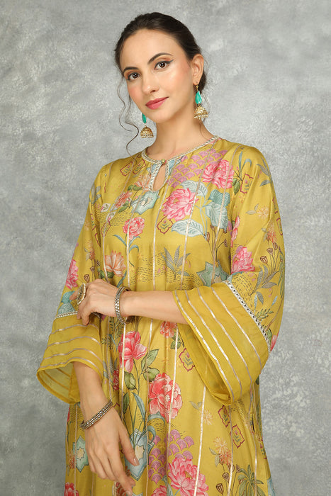 Mustard Green Printed Kurta with Pants and Dupatta Set of 3