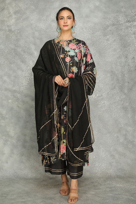 Black Printed Kurta with Pants and Dupatta Set of 3