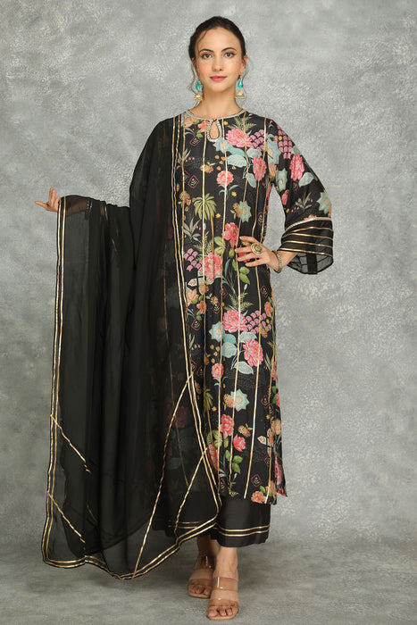 Black Printed Kurta with Pants and Dupatta Set of 3