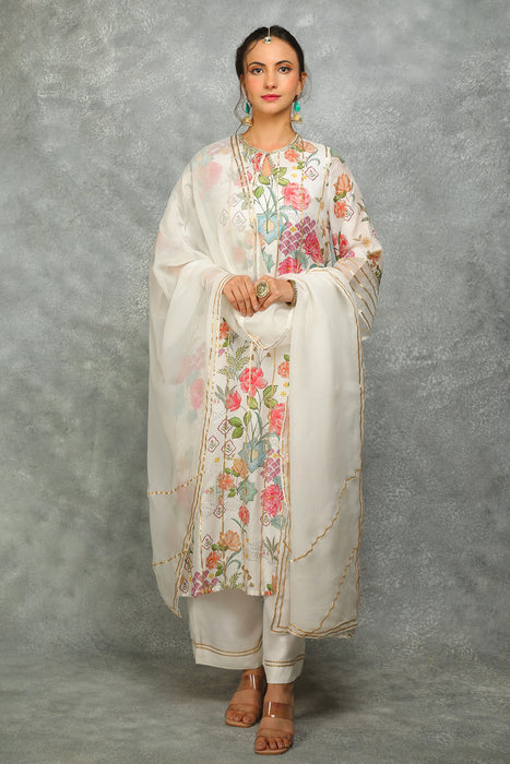 White Printed Kurta with Pants and Dupatta Set of 3