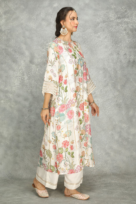 White Printed Kurta with Pants and Dupatta Set of 3