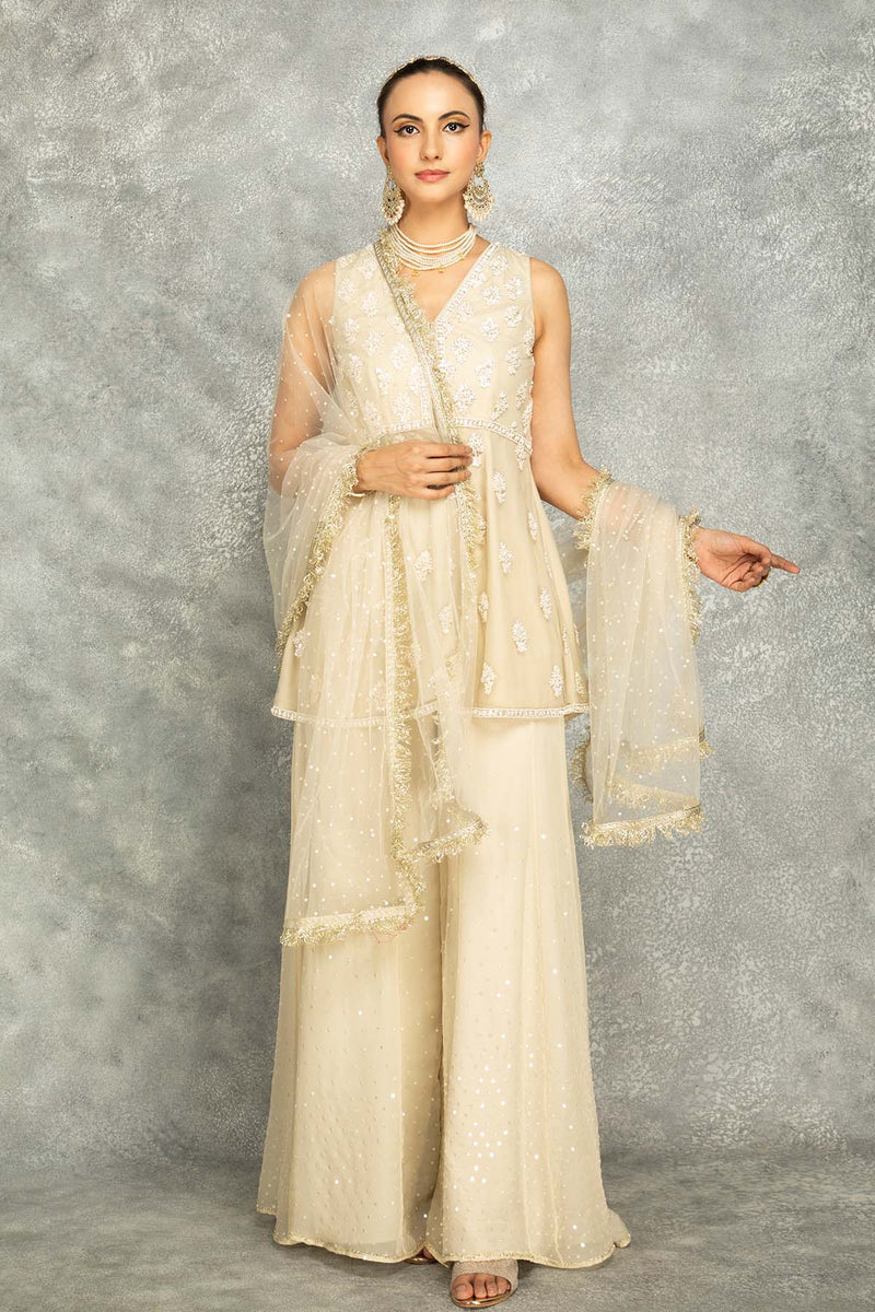 Ivory White Heavy Embroidered Sleevless Short Kurta with Flared Pants & Dupatta