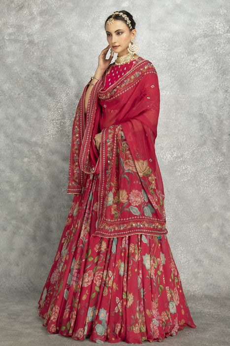 Hot Pink Embroidred Lehenga with Blouse & Dupatta