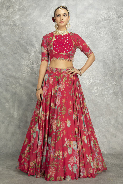 Hot Pink Embroidred Lehenga with Blouse & Dupatta