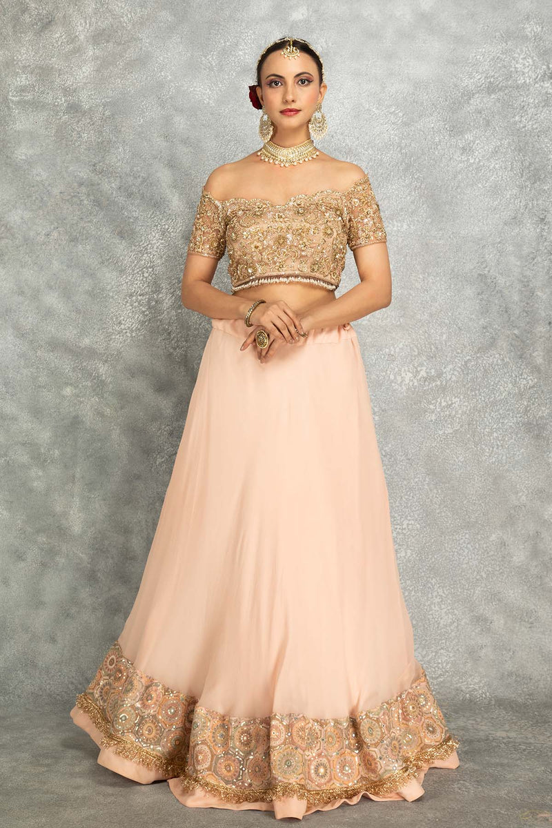 Peach Lehenga with Off Shoulder Blouse & Dupatta