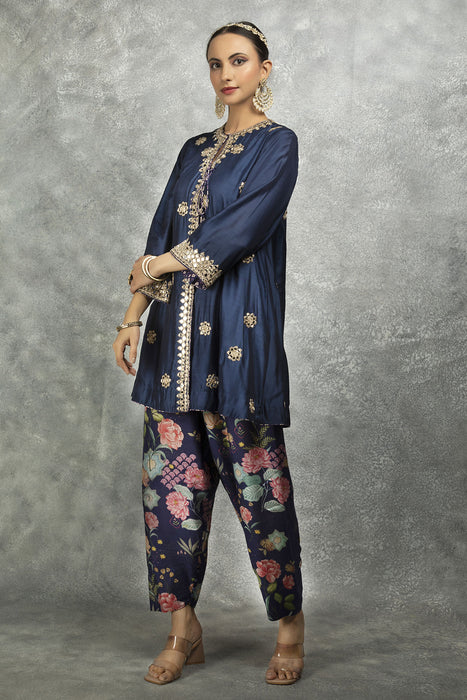 Blue Mirror Embroidered  Angrakha with Printed Pants & Dupatta Set of 3