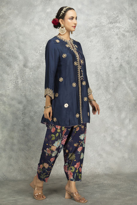 Blue Mirror Embroidered  Angrakha with Printed Pants & Dupatta Set of 3