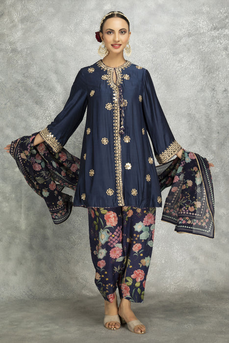 Blue Mirror Embroidered  Angrakha with Printed Pants & Dupatta Set of 3