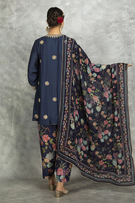 Blue Mirror Embroidered  Angrakha with Printed Pants & Dupatta Set of 3