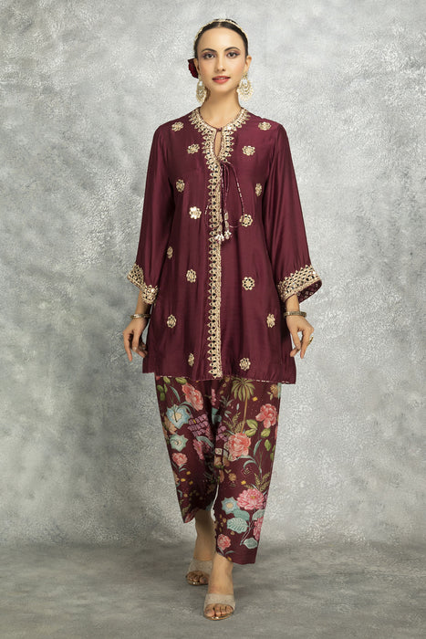 Wine Mirror Embroidered  Angrakha with Printed Pants & Dupatta Set of 3